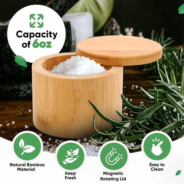 Alt view image 4 of 7 - karmiero Salt Cellar, Bamboo Salt Container with Lid, Solid Salt Box Holder with 360° Swivel Lid for Countertop to Store Pepper Spice, Elegant Flaky Salt Containers Bowl on Your Kitchen, 6OZ