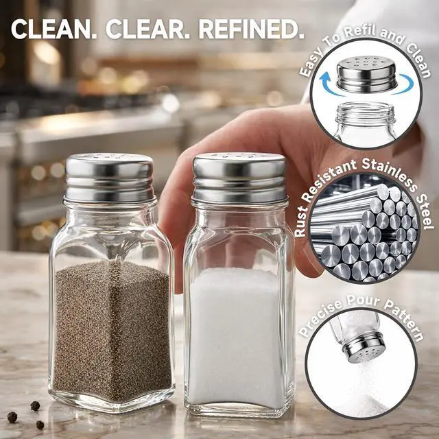 Alt view image 5 of 7 - 2PCS Salt Shaker, Salt and Pepper Shakers Set - Clear Glass | Salt Shaker with Stainless Steel Lid,Kitchen Gadgets ,Dishwasher Safe
