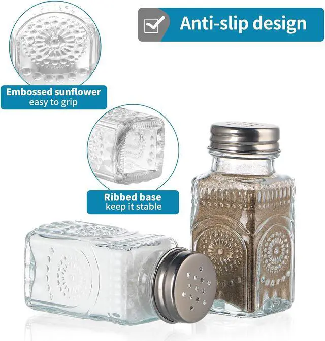 Alt view image 5 of 7 - MDLUU Small Clear Glass Salt and Pepper Shakers Set, Spice Dispensers with Stainless Steel Lids for Kitchen, Dining Table, 2 Pcs (Sunflower)