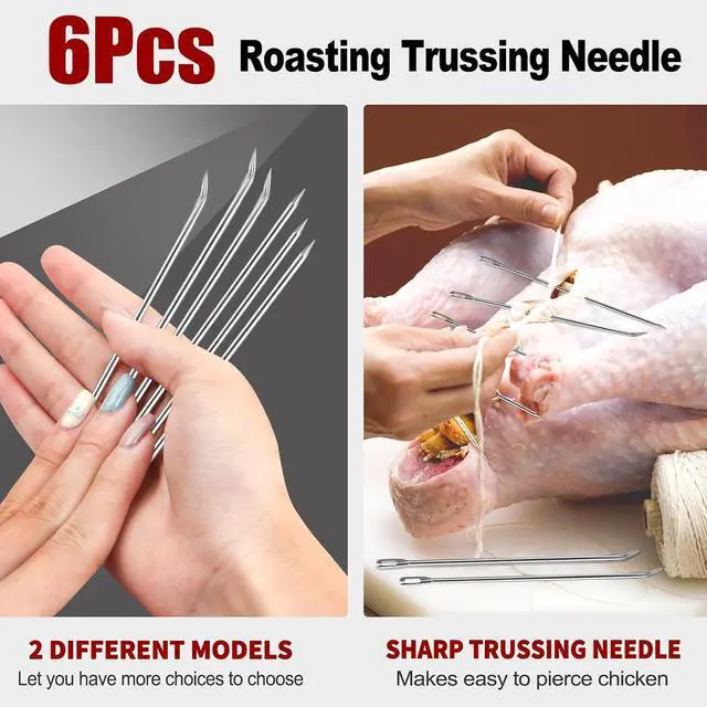 Alt view image 2 of 6 - Ofargo Meat Trussing Needles, Roasting Trussing Needles for Lacing Roast Turkey, Chicken, Pork Skin, Whole Hog, Lamb, and Rotisserie Pig; 3pcs Curved Needles and 3pcs Straight Needles; 6pcs in All