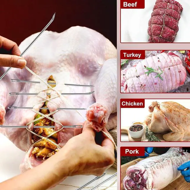 Alt view image 4 of 6 - Ofargo Meat Trussing Needles, Roasting Trussing Needles for Lacing Roast Turkey, Chicken, Pork Skin, Whole Hog, Lamb, and Rotisserie Pig; 3pcs Curved Needles and 3pcs Straight Needles; 6pcs in All