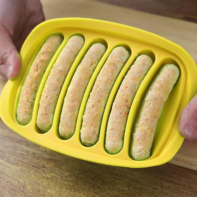 Alt view image 2 of 7 - AKOAK 1 Pack Silicone Sausage Mold, 6-cavity - Homemade Hamburger Hot Dog Ice Loaf Candy Jelly Chocolate Tray Mold, DIY Children's Hot dog Egg Sausage Baking Mold with Lid (Yellow)