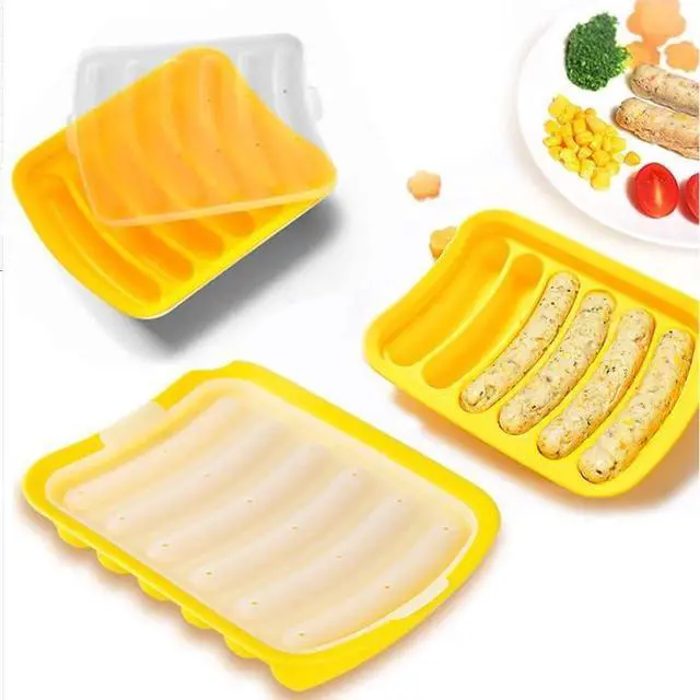 Alt view image 6 of 7 - AKOAK 1 Pack Silicone Sausage Mold, 6-cavity - Homemade Hamburger Hot Dog Ice Loaf Candy Jelly Chocolate Tray Mold, DIY Children's Hot dog Egg Sausage Baking Mold with Lid (Yellow)