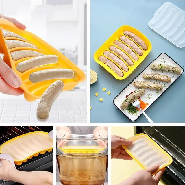 Alt view image 7 of 7 - AKOAK 1 Pack Silicone Sausage Mold, 6-cavity - Homemade Hamburger Hot Dog Ice Loaf Candy Jelly Chocolate Tray Mold, DIY Children's Hot dog Egg Sausage Baking Mold with Lid (Yellow)