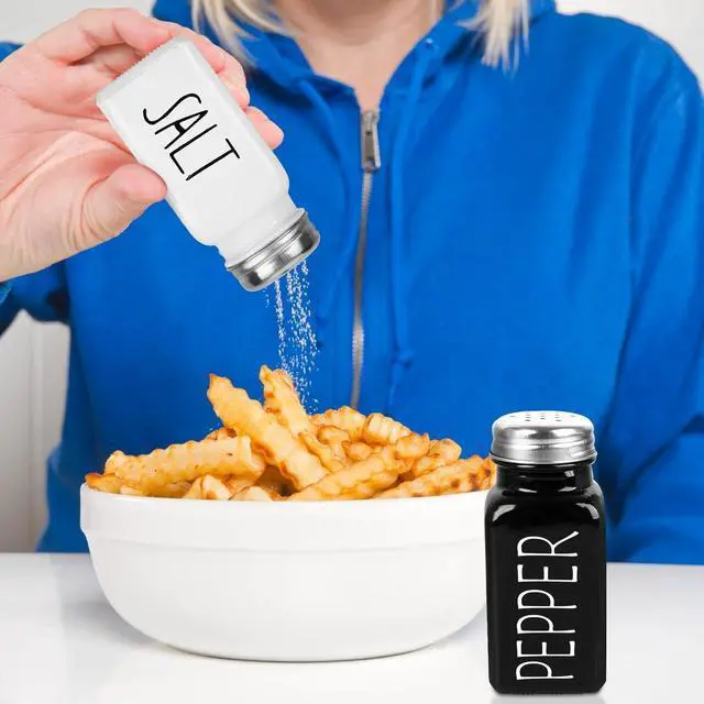 Alt view image 6 of 7 - 2 Pack Salt and Pepper Shakers Set, Glass Shaker with Stainless Steel Lid, Modern and Cute Farmhouse (Black and White)