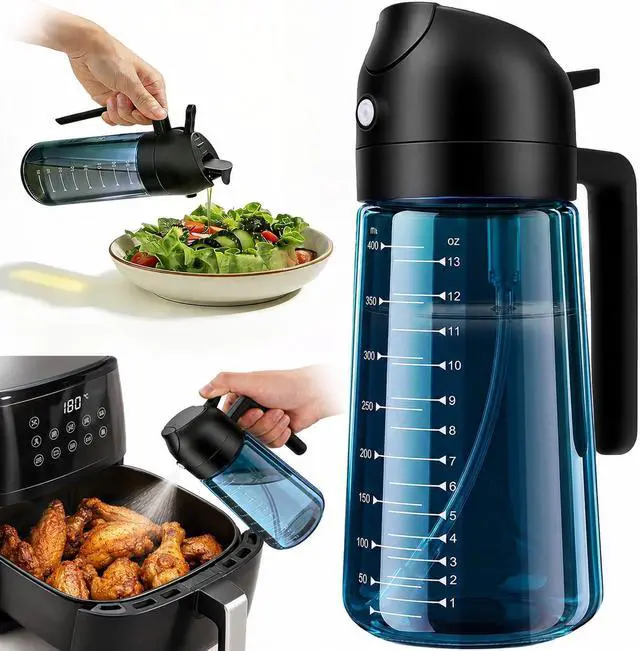 Main image of 16oz Olive Oil Spray Bottle & Oil Sprayer for Cooking, 2 in 1 | Precise Oil Mister, Measurement Scale, Light-Blocking Glass, Air Fryer, Kitchen Gadgets, Salad, BBQ, 1-Pack, Blue Black