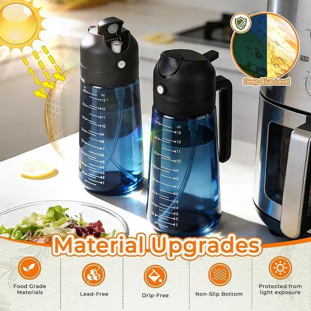 Alt view image 2 of 7 - 16oz Olive Oil Spray Bottle & Oil Sprayer for Cooking, 2 in 1 | Precise Oil Mister, Measurement Scale, Light-Blocking Glass, Air Fryer, Kitchen Gadgets, Salad, BBQ, 1-Pack, Blue Black