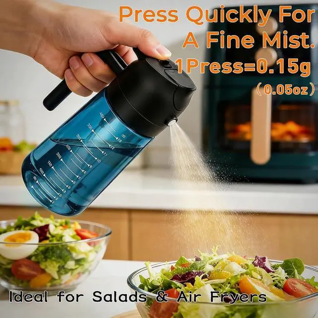 Alt view image 3 of 7 - 16oz Olive Oil Spray Bottle & Oil Sprayer for Cooking, 2 in 1 | Precise Oil Mister, Measurement Scale, Light-Blocking Glass, Air Fryer, Kitchen Gadgets, Salad, BBQ, 1-Pack, Blue Black