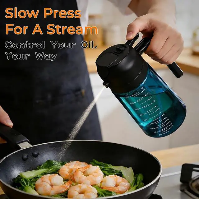 Alt view image 4 of 7 - 16oz Olive Oil Spray Bottle & Oil Sprayer for Cooking, 2 in 1 | Precise Oil Mister, Measurement Scale, Light-Blocking Glass, Air Fryer, Kitchen Gadgets, Salad, BBQ, 1-Pack, Blue Black