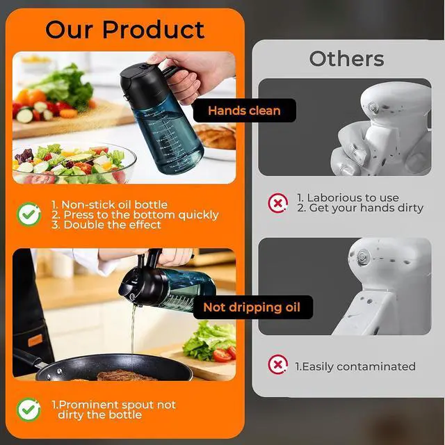 Alt view image 6 of 7 - 16oz Olive Oil Spray Bottle & Oil Sprayer for Cooking, 2 in 1 | Precise Oil Mister, Measurement Scale, Light-Blocking Glass, Air Fryer, Kitchen Gadgets, Salad, BBQ, 1-Pack, Blue Black