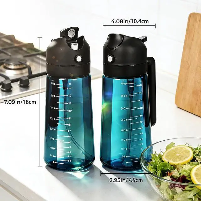 Alt view image 7 of 7 - 16oz Olive Oil Spray Bottle & Oil Sprayer for Cooking, 2 in 1 | Precise Oil Mister, Measurement Scale, Light-Blocking Glass, Air Fryer, Kitchen Gadgets, Salad, BBQ, 1-Pack, Blue Black