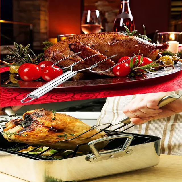 Alt view image 5 of 7 - Thanksgiving Turkey & Roast Lifters, Stainless Steel Roaster Forks, Transfer Chicken or Ham Poultry Lifters Easily, Four Needle Meat Fork, Set of 2