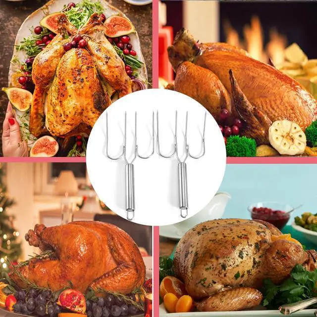 Alt view image 7 of 7 - Thanksgiving Turkey & Roast Lifters, Stainless Steel Roaster Forks, Transfer Chicken or Ham Poultry Lifters Easily, Four Needle Meat Fork, Set of 2