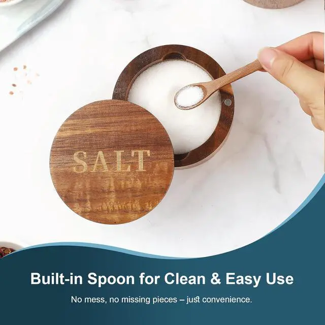 Alt view image 3 of 6 - Timtopno Salt Cellar, Acacia Wood Salt Container with Built-in Spoon & Swivel Lid, Engraved SALT Box, Salt Holder Bowl for Countertop Seasoning Storage