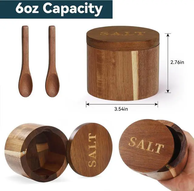 Alt view image 6 of 6 - Timtopno Salt Cellar, Acacia Wood Salt Container with Built-in Spoon & Swivel Lid, Engraved SALT Box, Salt Holder Bowl for Countertop Seasoning Storage