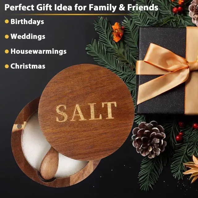 Alt view image 5 of 6 - Timtopno Salt Cellar, Acacia Wood Salt Container with Built-in Spoon & Swivel Lid, Engraved SALT Box, Salt Holder Bowl for Countertop Seasoning Storage