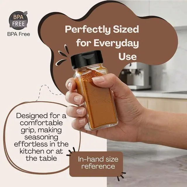 Alt view image 10 of 14 - 4 oz Glass Spice Jar with Dual Sifter Cap | Small Clear Glass Jar with Lid for Spices, Herbs, Salt, Pepper & Seasoning Storage | Food Grade BPA Free, USA Made