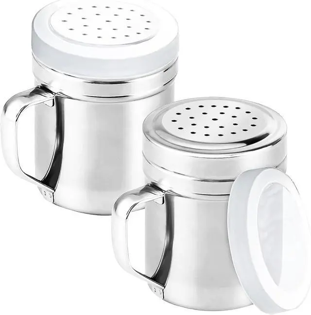 Main image of 2Pcs Metal Salt Pepper Dredge Shakers, Stainless Steel Pepper Shaker Seasoning Jar With Handle, With Hole And Cover, Suitable For Pepper, Cinnamon And Coffee Spice Jars (Small-6OZ)
