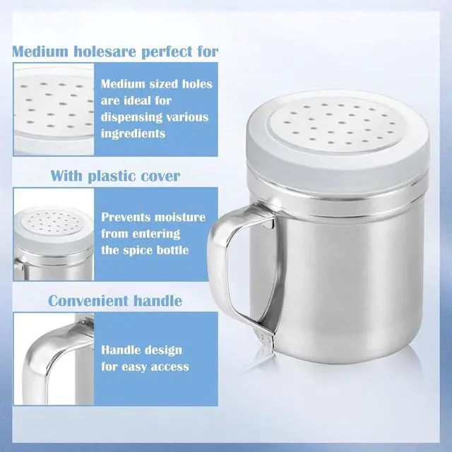 Alt view image 3 of 7 - 2Pcs Metal Salt Pepper Dredge Shakers, Stainless Steel Pepper Shaker Seasoning Jar With Handle, With Hole And Cover, Suitable For Pepper, Cinnamon And Coffee Spice Jars (Small-6OZ)