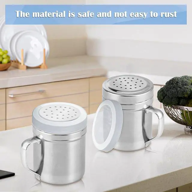 Alt view image 6 of 7 - 2Pcs Metal Salt Pepper Dredge Shakers, Stainless Steel Pepper Shaker Seasoning Jar With Handle, With Hole And Cover, Suitable For Pepper, Cinnamon And Coffee Spice Jars (Small-6OZ)