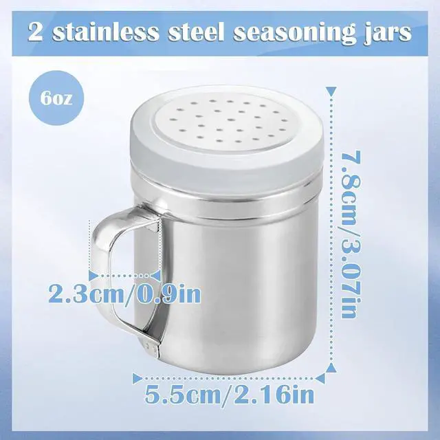 Alt view image 2 of 7 - 2Pcs Metal Salt Pepper Dredge Shakers, Stainless Steel Pepper Shaker Seasoning Jar With Handle, With Hole And Cover, Suitable For Pepper, Cinnamon And Coffee Spice Jars (Small-6OZ)