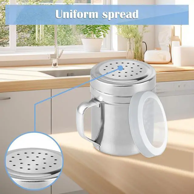 Alt view image 4 of 7 - 2Pcs Metal Salt Pepper Dredge Shakers, Stainless Steel Pepper Shaker Seasoning Jar With Handle, With Hole And Cover, Suitable For Pepper, Cinnamon And Coffee Spice Jars (Small-6OZ)