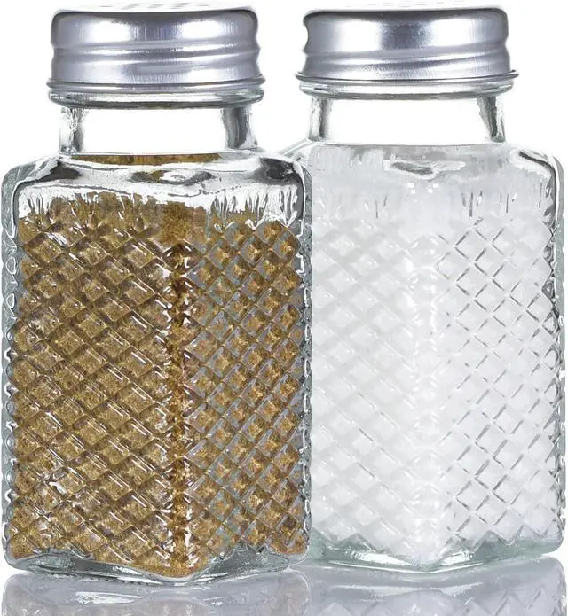 Main image of 2 Pack Glass Salt and Pepper Shakers Set, Vintage Spice Shakers for Dining Room Table, Kitchen, Restaurant (Grid Pattern)