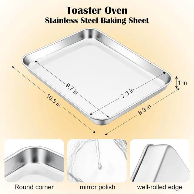 Alt view image 2 of 7 - E-far Small Baking Sheet, 10.5x8.3 Stainless Steel Toaster Oven Tray | Compact Non-toxic Metal Baking Pan for Cookie & Cake, Healthy & Rust Free, Mirror Finish & Dishwasher Safe