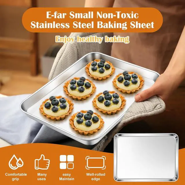 Alt view image 5 of 7 - E-far Small Baking Sheet, 10.5x8.3 Stainless Steel Toaster Oven Tray | Compact Non-toxic Metal Baking Pan for Cookie & Cake, Healthy & Rust Free, Mirror Finish & Dishwasher Safe
