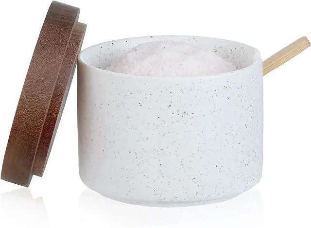 Main image of Ceramic Salt Cellar with Lid and Wooden Spoon | 8 Oz Speckled Salt Holder, Storage Canister for Sea Salt, Pepper, Spices, Herbs and Sugar