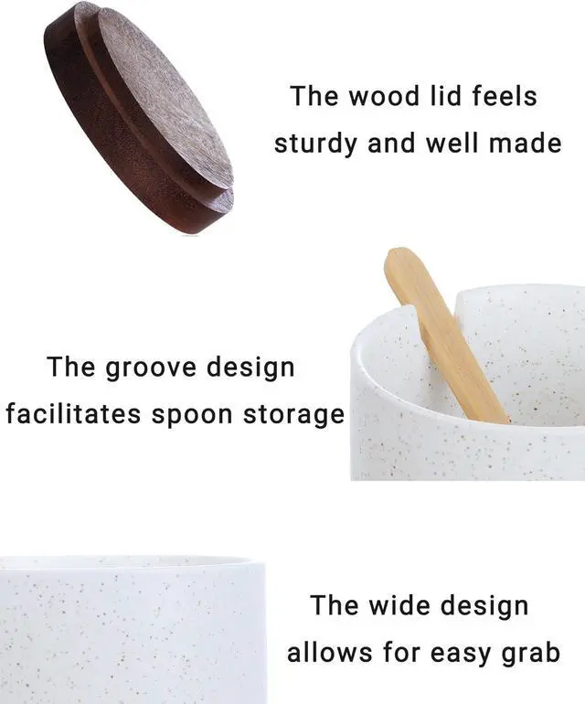 Alt view image 2 of 6 - Ceramic Salt Cellar with Lid and Wooden Spoon | 8 Oz Speckled Salt Holder, Storage Canister for Sea Salt, Pepper, Spices, Herbs and Sugar