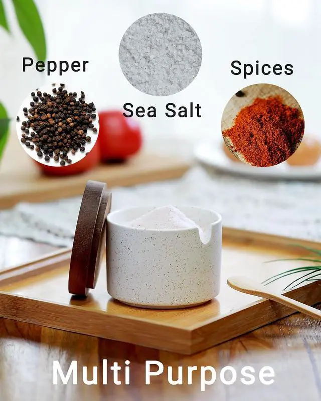 Alt view image 3 of 6 - Ceramic Salt Cellar with Lid and Wooden Spoon | 8 Oz Speckled Salt Holder, Storage Canister for Sea Salt, Pepper, Spices, Herbs and Sugar