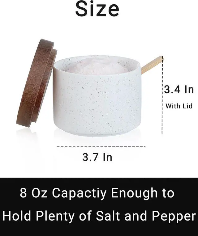 Alt view image 6 of 6 - Ceramic Salt Cellar with Lid and Wooden Spoon | 8 Oz Speckled Salt Holder, Storage Canister for Sea Salt, Pepper, Spices, Herbs and Sugar