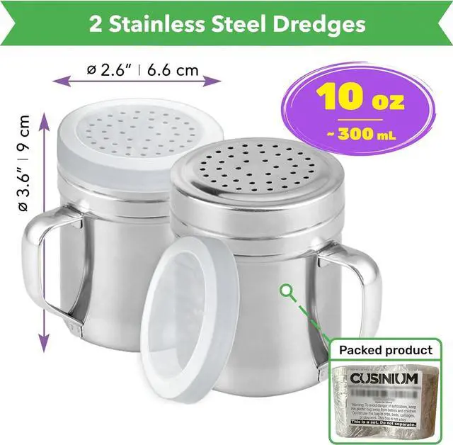 Alt view image 2 of 5 - CUSINIUM Metal Salt Pepper Dredge Shakers - With Handle - Seasonings Spice Shakers With Holes and Lids - 10 Ounce, 2pcs | Style: Medium