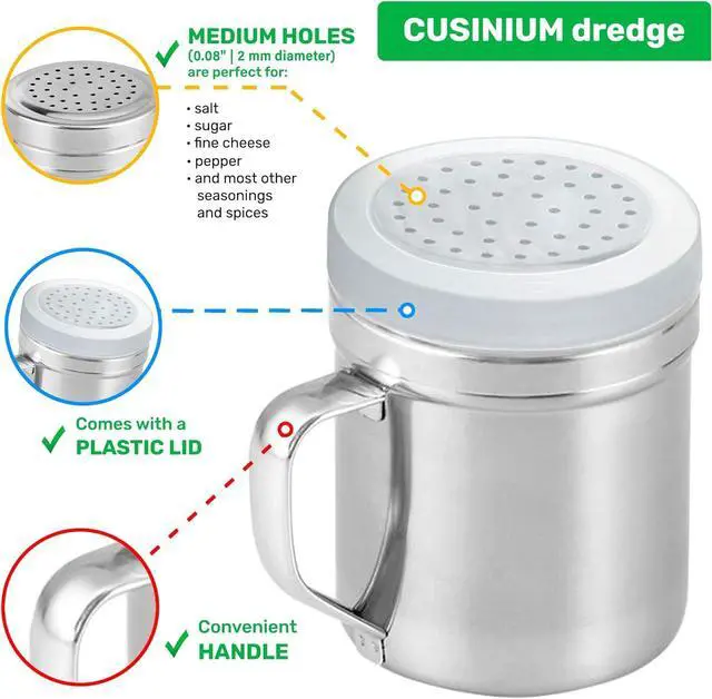 Alt view image 3 of 5 - CUSINIUM Metal Salt Pepper Dredge Shakers - With Handle - Seasonings Spice Shakers With Holes and Lids - 10 Ounce, 2pcs | Style: Medium
