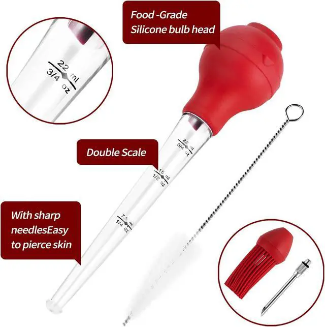 Alt view image 2 of 7 - DIMESHY Turkey Baster Food Grade for Cooking & Basting, Detachable Round Bulb, Baster Cooking Good for Meat Poultry Beef Chicken, with Cleaning brush, inject needle, Basting brush(red)