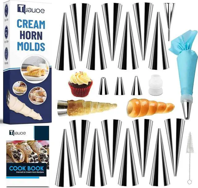 Main image of Cream Horn Molds for Baking, 23pcs Horn Forms Set, Non-stick Stainless Steel 15pcs Cone Shaped with Cleaning Brush, Piping Tip, Piping Bag, for ice Cream Cones, Puff Pastry, Baking Cones
