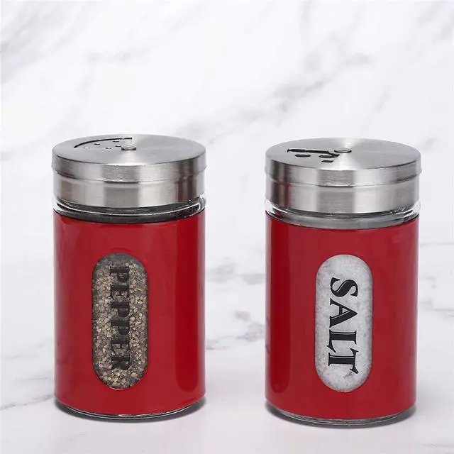 Alt view image 2 of 7 - Salt and Pepper Shakers Stainless Steel and Glass Set with Adjustable Pour Holes (Red)