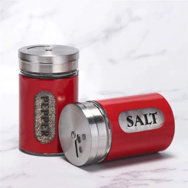Alt view image 3 of 7 - Salt and Pepper Shakers Stainless Steel and Glass Set with Adjustable Pour Holes (Red)