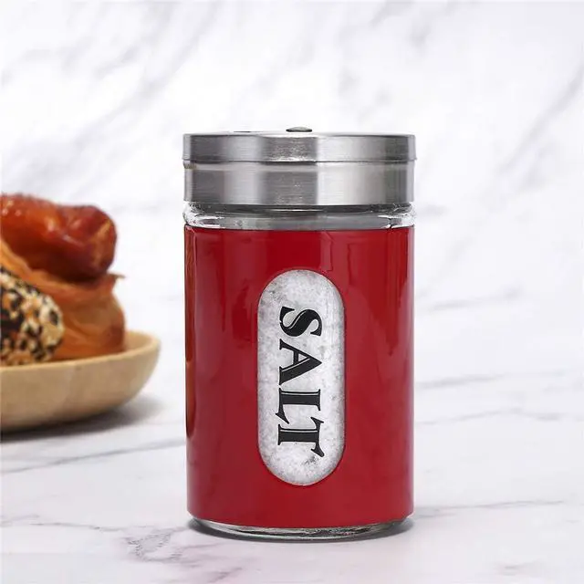 Alt view image 4 of 7 - Salt and Pepper Shakers Stainless Steel and Glass Set with Adjustable Pour Holes (Red)