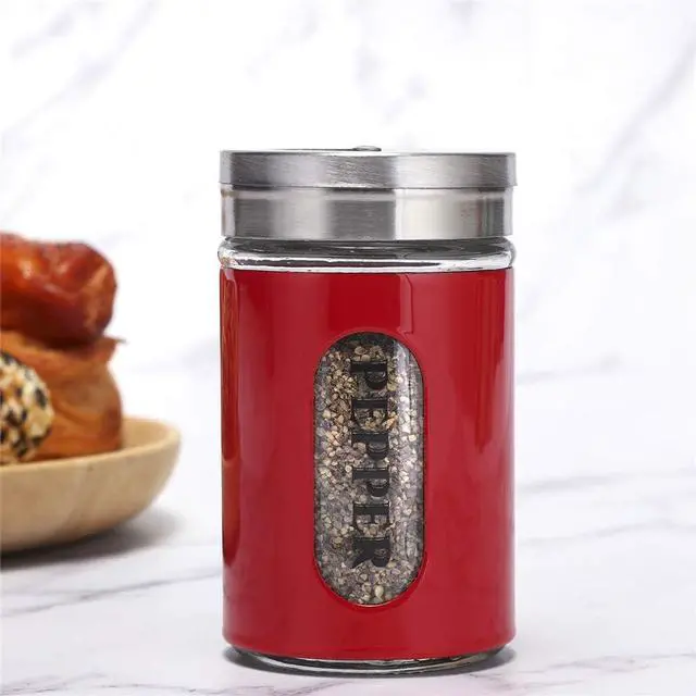 Alt view image 5 of 7 - Salt and Pepper Shakers Stainless Steel and Glass Set with Adjustable Pour Holes (Red)