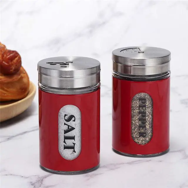 Alt view image 6 of 7 - Salt and Pepper Shakers Stainless Steel and Glass Set with Adjustable Pour Holes (Red)