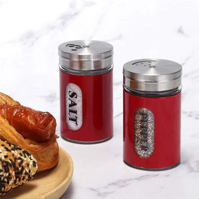 Alt view image 7 of 7 - Salt and Pepper Shakers Stainless Steel and Glass Set with Adjustable Pour Holes (Red)