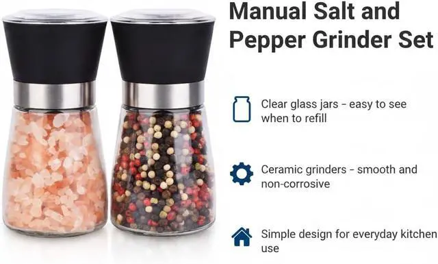 Alt view image 2 of 6 - Salt and Pepper Grinder Set, 5.1 oz Refillable Glass Salt and Pepper Mills with Adjustable Ceramic Grinder, Manual Spice Grinder for Kitchen, Cooking and Dining Table (2.5" 5.1")