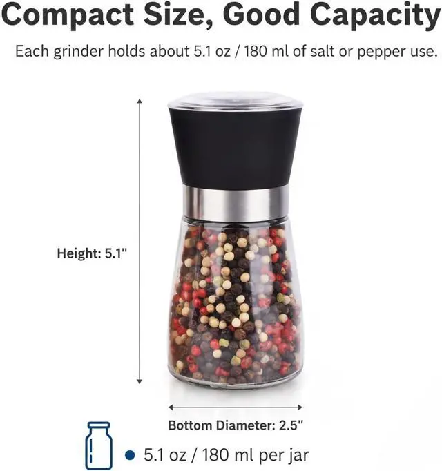 Alt view image 3 of 6 - Salt and Pepper Grinder Set, 5.1 oz Refillable Glass Salt and Pepper Mills with Adjustable Ceramic Grinder, Manual Spice Grinder for Kitchen, Cooking and Dining Table (2.5" 5.1")