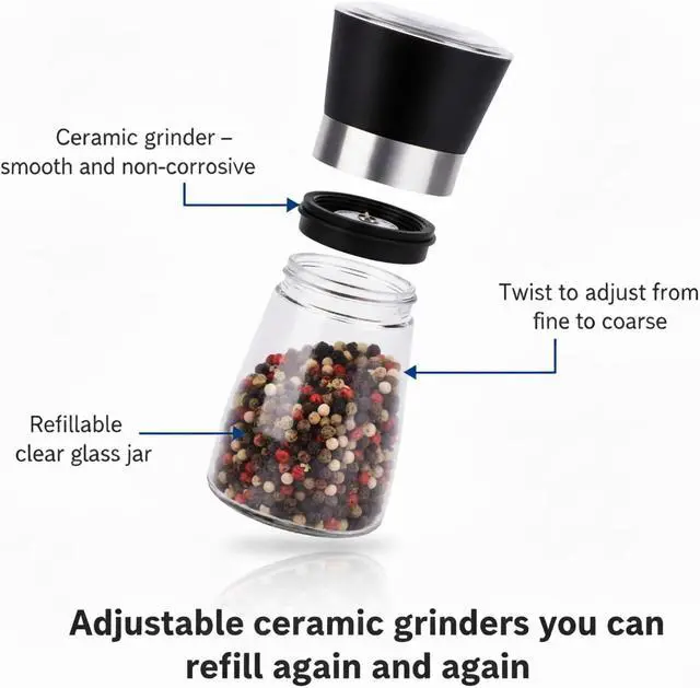 Alt view image 4 of 6 - Salt and Pepper Grinder Set, 5.1 oz Refillable Glass Salt and Pepper Mills with Adjustable Ceramic Grinder, Manual Spice Grinder for Kitchen, Cooking and Dining Table (2.5" 5.1")