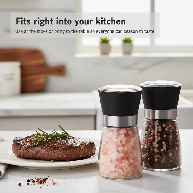 Alt view image 5 of 6 - Salt and Pepper Grinder Set, 5.1 oz Refillable Glass Salt and Pepper Mills with Adjustable Ceramic Grinder, Manual Spice Grinder for Kitchen, Cooking and Dining Table (2.5" 5.1")