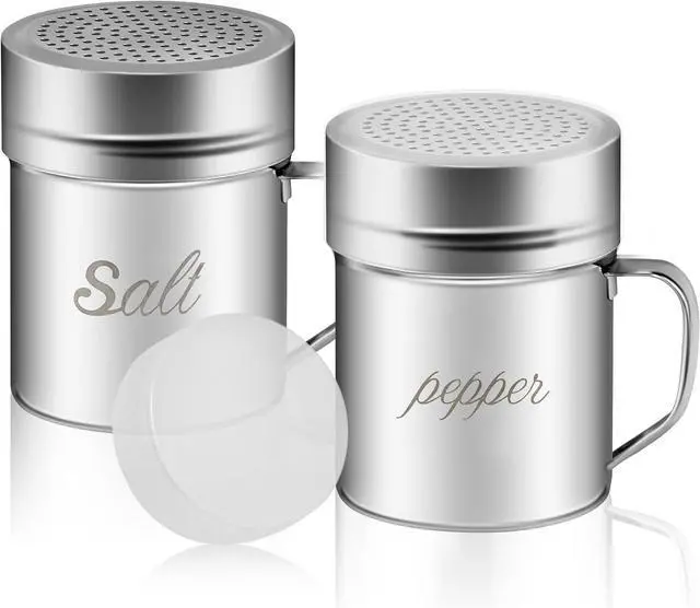 Main image of Stainless Steel Salt and Pepper Shakers Set, 10 OZ Seasoning Spice Shaker with Lid and Handle 127 Holes, Metal Dredge Shaker for Powder Sugar Cooking Kitchen Baking (2 Pieces)
