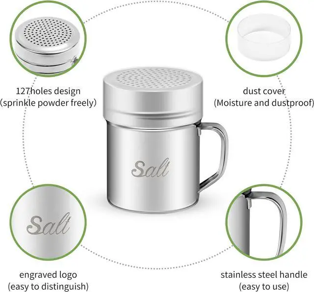 Alt view image 2 of 7 - Stainless Steel Salt and Pepper Shakers Set, 10 OZ Seasoning Spice Shaker with Lid and Handle 127 Holes, Metal Dredge Shaker for Powder Sugar Cooking Kitchen Baking (2 Pieces)
