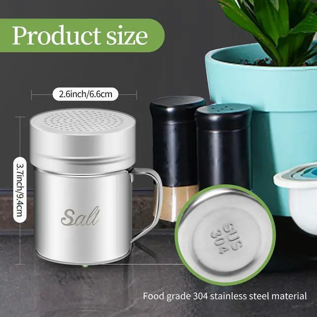 Alt view image 3 of 7 - Stainless Steel Salt and Pepper Shakers Set, 10 OZ Seasoning Spice Shaker with Lid and Handle 127 Holes, Metal Dredge Shaker for Powder Sugar Cooking Kitchen Baking (2 Pieces)